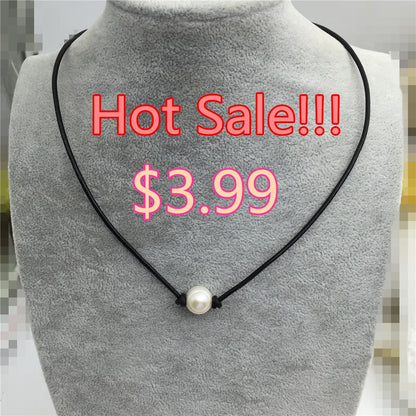 2.99 one necklace, Leather Big Pearl Choker, Pearl Leather Necklace, White Freshwater pearl, Birthday gift, Black Leather Pearl necklace, Le1-003