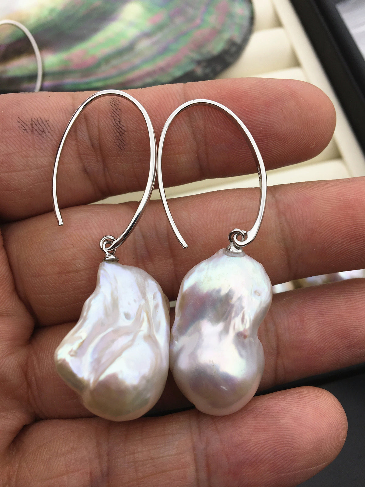 AAA/AA+ 14-18mmx22-28mm flame ball pearl dangle earrings, sterling silver, earring with white baroque Natural Pearl, SE3-069