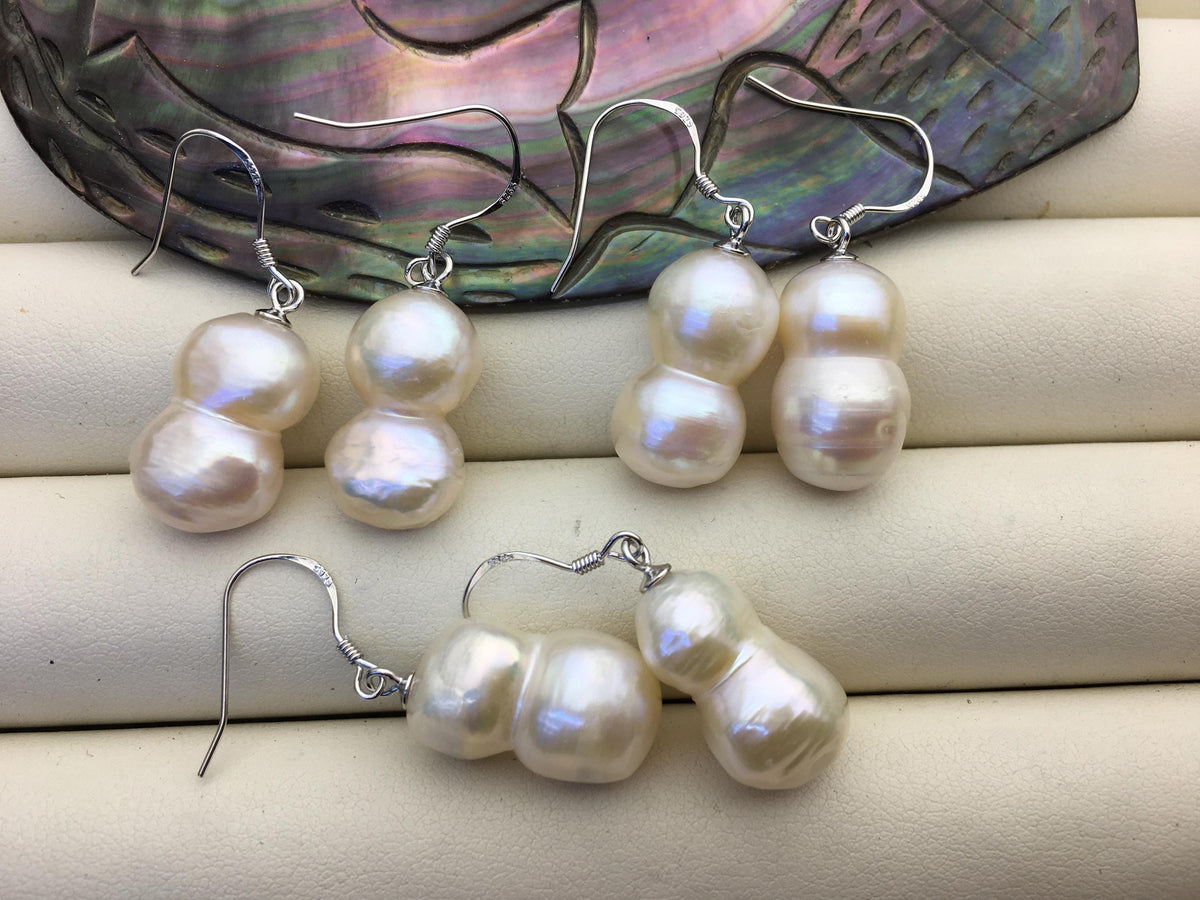 1 pair AA+ 11-13mm White gourd baroque pearl dangle earrings, S925 Sterling Silver dangle earrings, wedding pearl earrings, SE3-T10