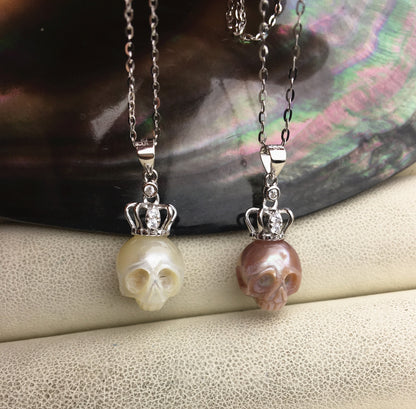 AAA 10mm big White/Purple handmade carved skull freshwater pearl crown pendant necklace, S925 Sterling silver pendant, NC1-012-14