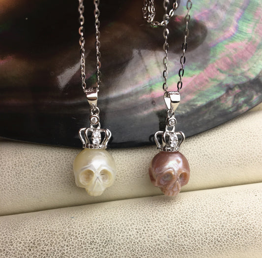 AAA 10mm big White/Purple handmade carved skull freshwater pearl crown pendant necklace, S925 Sterling silver pendant, NC1-012-14