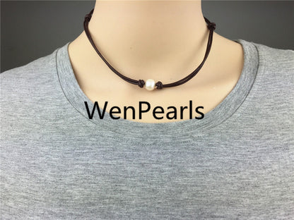 Leather Pearl Choker, Pearl Leather Necklace, bracelet, White Freshwater pearl, Black Leather Pearl necklace, LIGHT BROWN, Le1-026