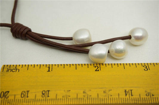 Freshwater Pearl and Leather Lariat Necklace, Light Brwon Leather Pearl necklace, Leather baroque pearl necklace,Le1-037