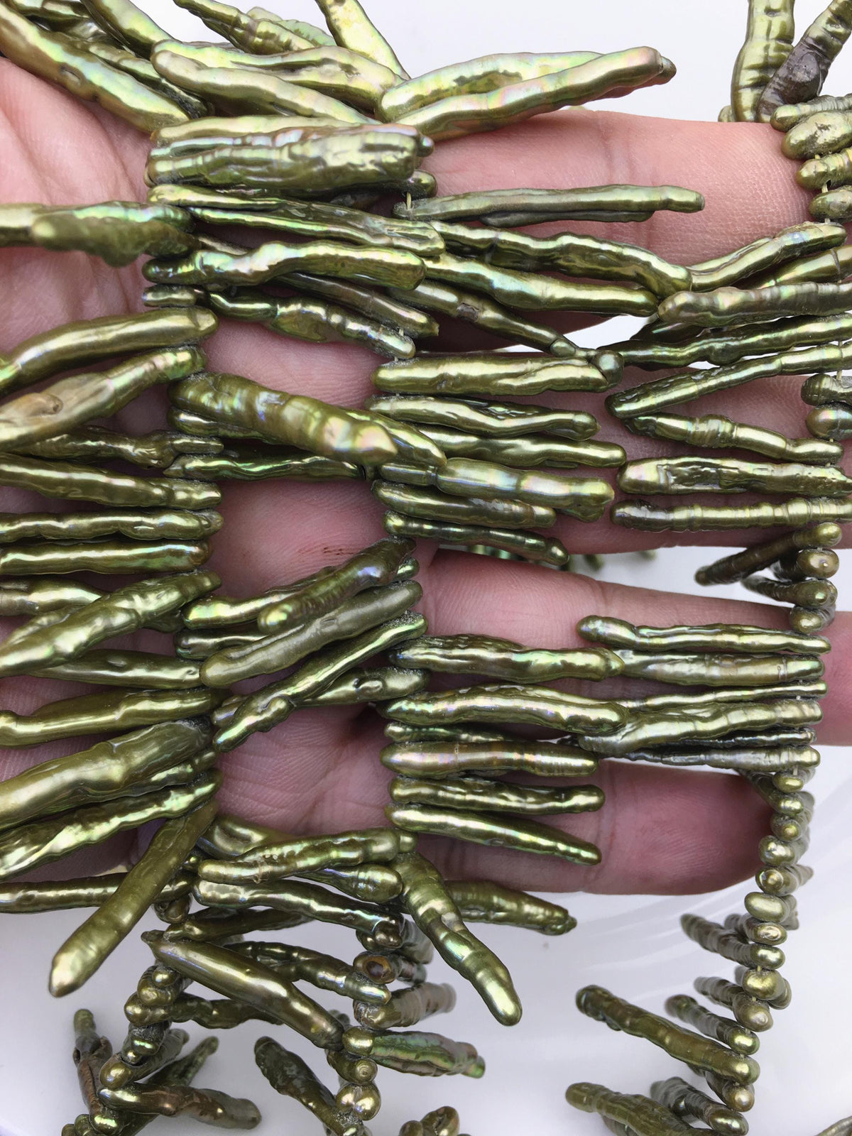 AA 3-5mm green toothpick Pearl Necklace,Genuine Fresh Water Pearl,Wedding Necklace,Mothers Day,ZS-80-10-41