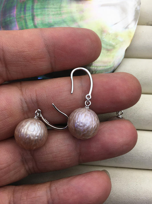 1 pair AAA 11-13/13-14mm purple handmade carved round pearl dangle earrings,S925 sterling silver earrings,SE3-T4