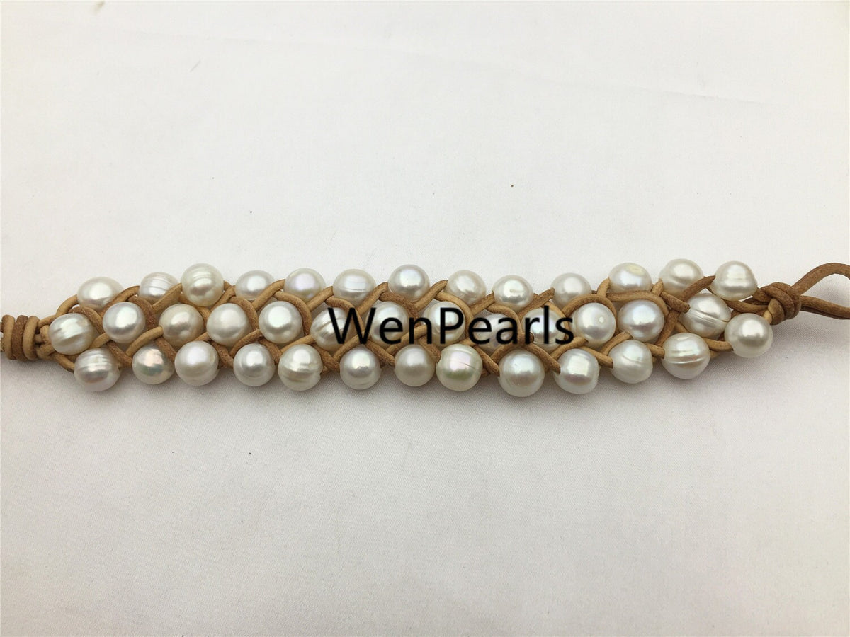 Three rows pearl bracelet, Leather Pearls Bracelet, Handmade Cuff, White Pearls on Brown Leather, Black leather bracelet, Le7-076