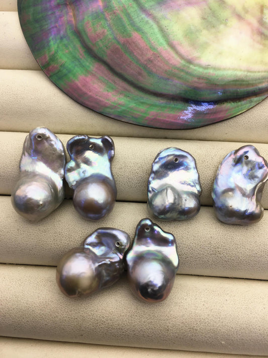 2 pairs AA+ 13-17mm Grray Flameball Pearl Pairs - large Baroque freshwater pearl pairs- 1.0 top side hole, FL15-3A-8-45