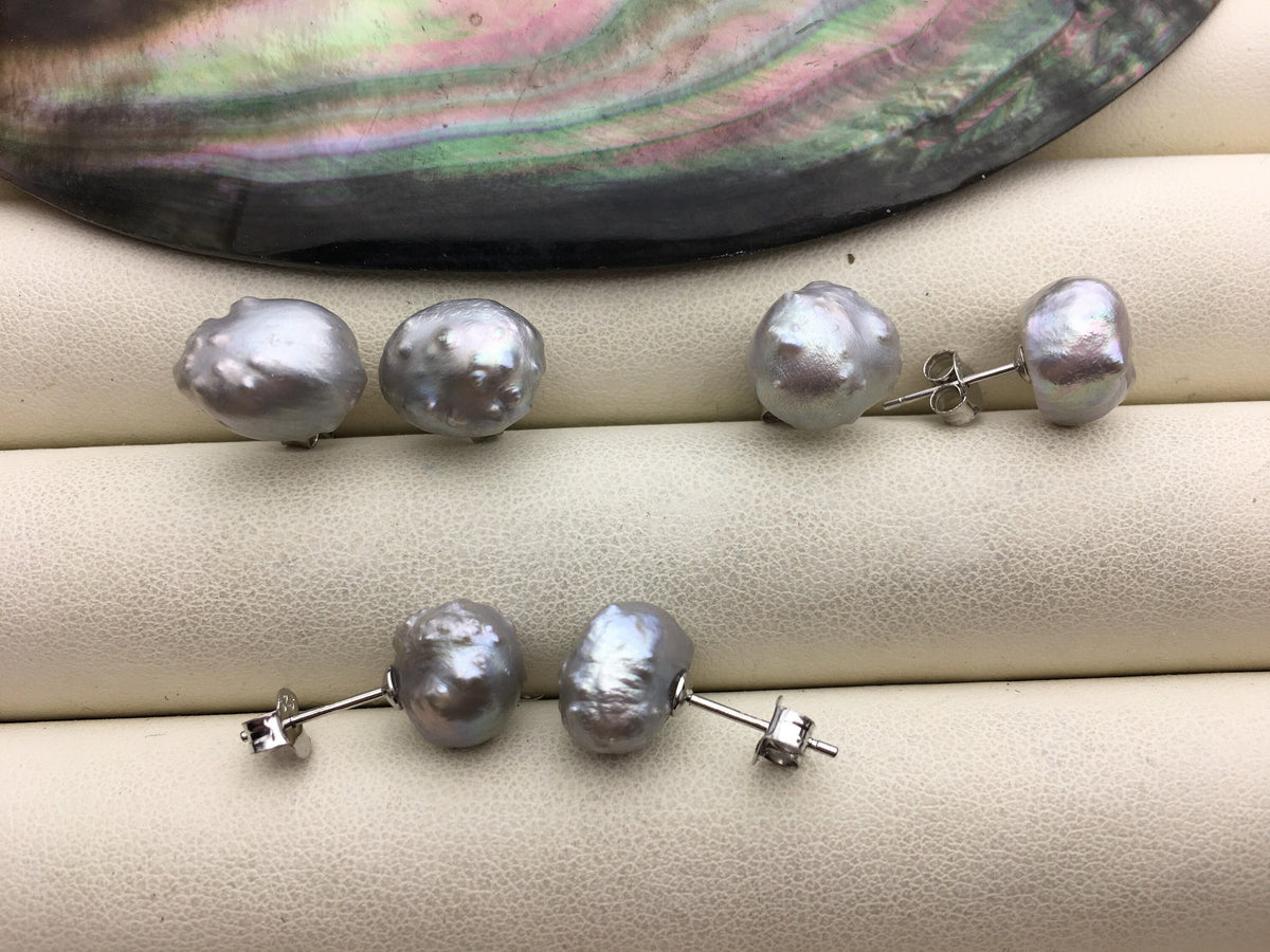 Rare!10-11mm White/Gray Natural Rare Rosebud Freshwater Pearl Stud Earrings,thorn pearl,SE3-067