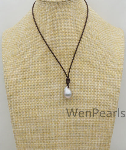 Gray Flameball pearl and leather necklace, Baroque Freshwater Pearl Drop Necklace, Flaming ball pearl necklace, wholesale, Le4-057