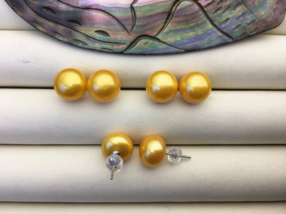 1 pair AAA 10-11mm Yellow Gold Pearl stud earrings, Sterling Silver, Wedding stud earrings, bridal, wedding party earrings, SE1-T28
