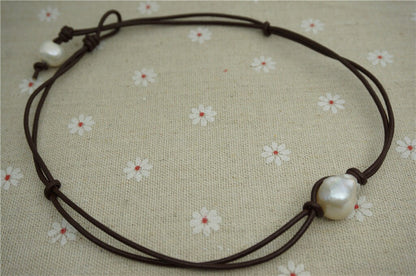Two Strands Leather Necklace, Huge pearl necklace, Leather Pearl Choker, Pearl Leather Necklace, Black Leather Pearl necklace, Le1-065
