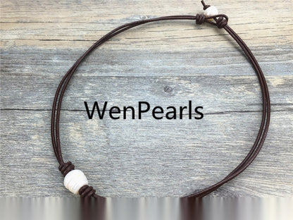 Leather Rice Pearl Choker, Pearl Leather Necklace, bracelet, White Freshwater pearl, Black Leather Pearl necklace, BROWN, Le1-051