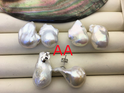 1 pair AAA/AA 14-17mmx20-28mm flame ball pearl stud earrings, sterling silver, earring with white baroque Natural Pearl, SE3-031-1
