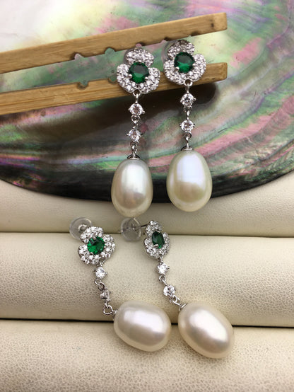 AAA 9mm White rice pearl cz stud earrings,zircon S925 Sterling Silver pearl earrings,green stone earrings,SE3-100