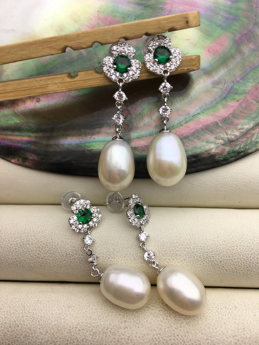 AAA 9mm White rice pearl cz stud earrings,zircon S925 Sterling Silver pearl earrings,green stone earrings,SE3-100