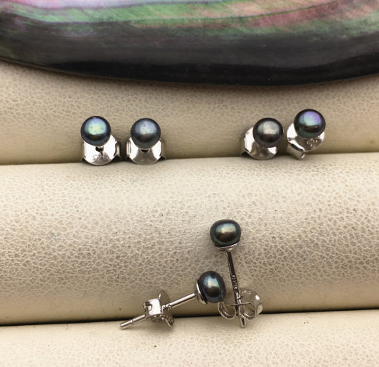 1 pair AAA 3.5-4mm green blue Pearl Stud Earrings, pearl earrings, S925 Sterling Silver, classic pearl studs, SE1-T13