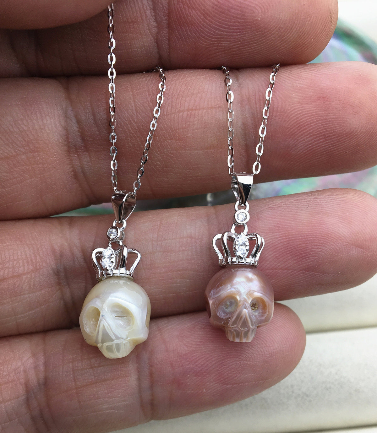 AAA 10mm big White/Purple handmade carved skull freshwater pearl crown pendant necklace, S925 Sterling silver pendant, NC1-012-14