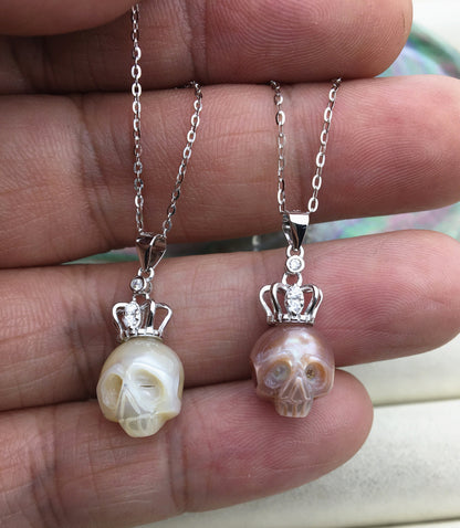 AAA 10mm big White/Purple handmade carved skull freshwater pearl crown pendant necklace, S925 Sterling silver pendant, NC1-012-14