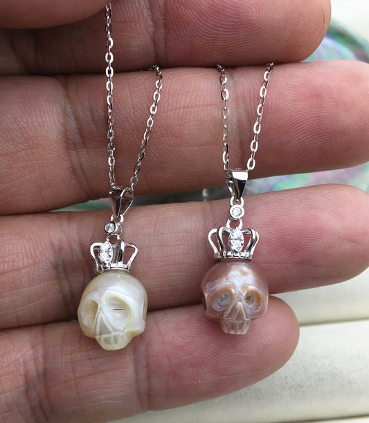 AAA 10mm big White/Purple handmade carved skull freshwater pearl crown pendant necklace, S925 Sterling silver pendant, NC1-012-14