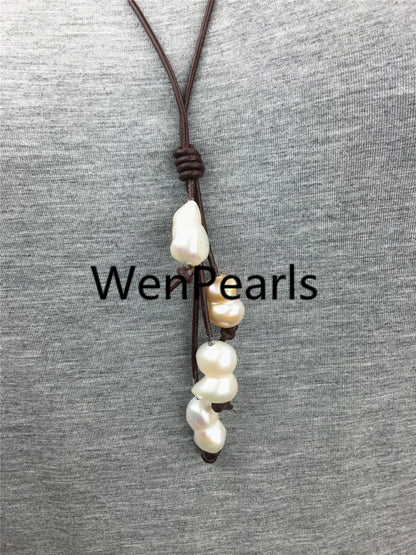4 baroque pearls Drop leather necklace, Select leather color, Leather Pearl necklace, Leather baroque pearl necklace, wholesale, Le1-056
