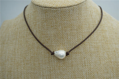 Huge pearl necklace, Leather Pearl Choker, Pearl Leather Necklace, White Freshwater pearl, Black Leather Pearl necklace, Le2-019