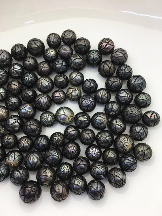 1 pc AA 10-15mm Near Round Carved Tahitian Pearl - Hand Carved - Tattoo Tahitian Pearls, through hole, carved pearls, CAC-FLW-9-4