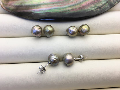 2 pairs AA+ 9-10mm gray baroque near round edison pearl stud earrings,S925 Sterling Silver stud earrings,SE3-T68