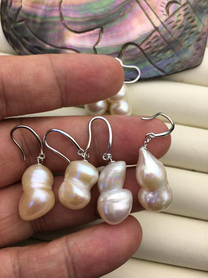 1 pair AAA 11-13mm White gourd baroque pearl dangle earrings, S925 Sterling Silver dangle earrings, wedding pearl earrings, SE3-014