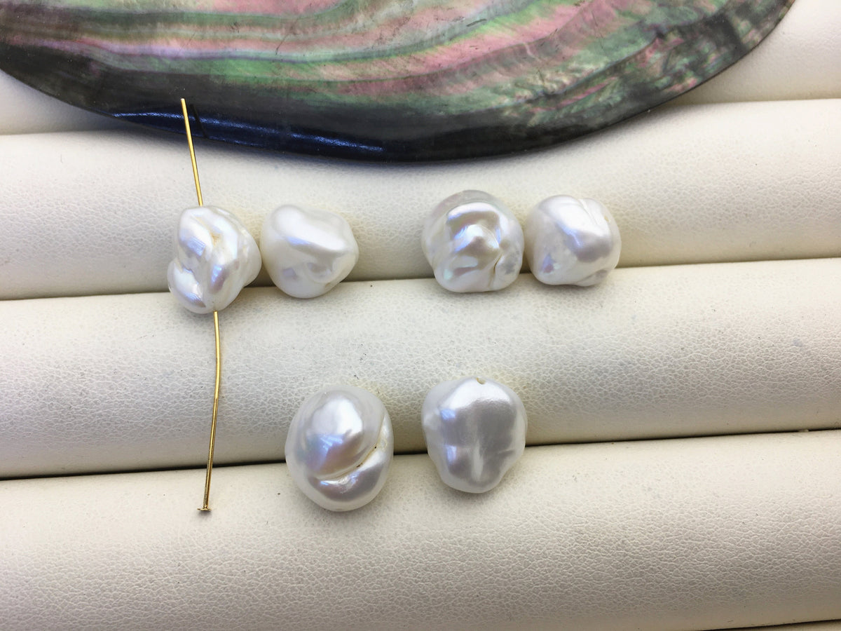 2 pairs AA 11-12mm Big White keshi pearls Pair,0.7mm through hole,ZS-127-62-9