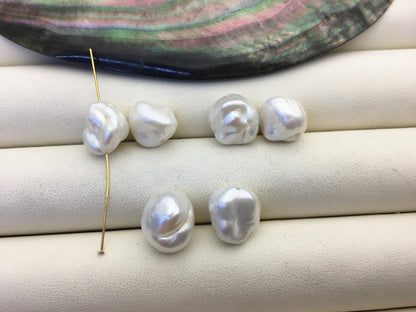 2 pairs AA 11-12mm Big White keshi pearls Pair,0.7mm through hole,ZS-127-62-9