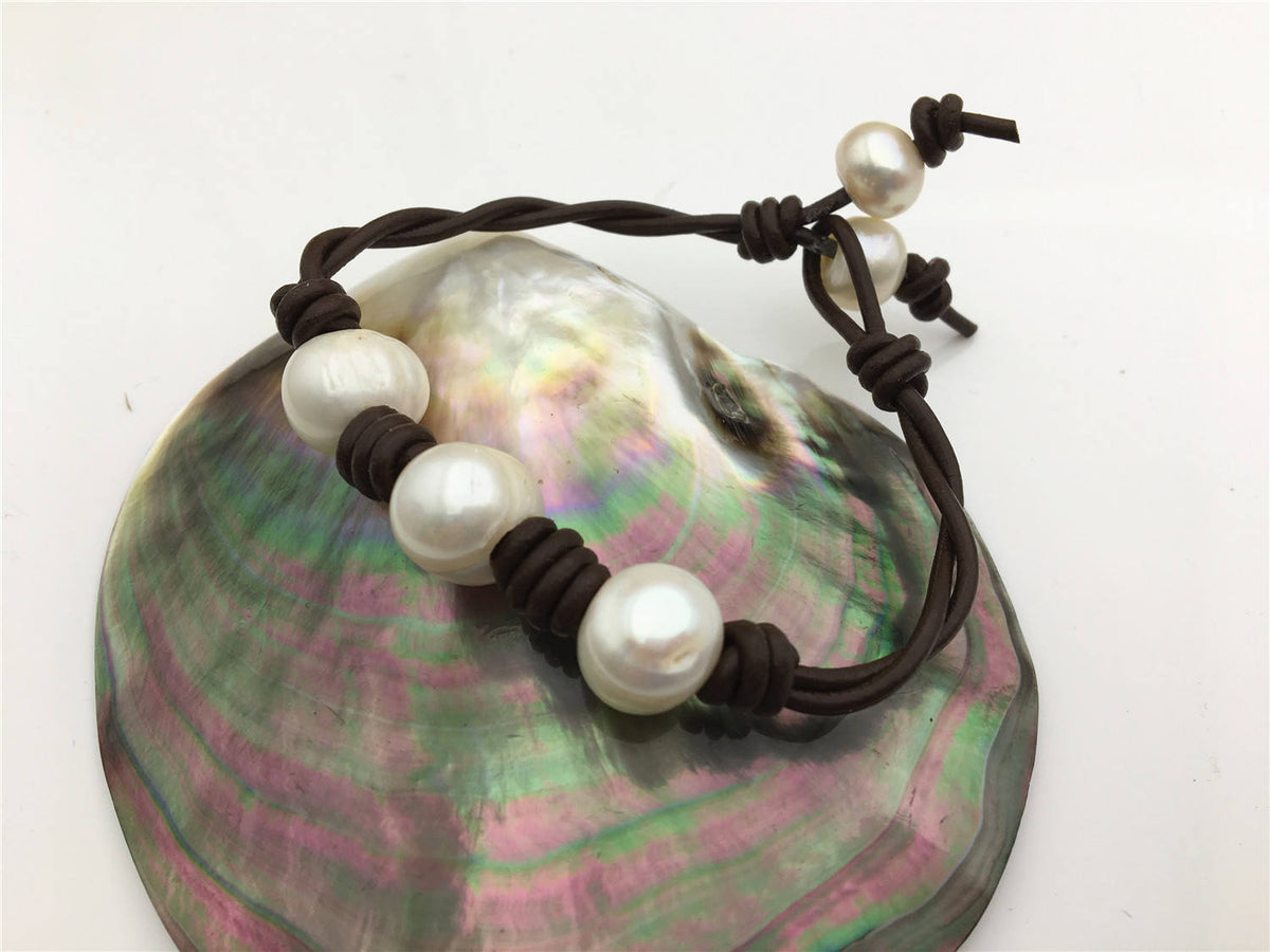 50% OFF 7.5 inches 12mm Big pearl twisted leather pearl bracelet, knotted freshwater pearl bracelet, Leather Pearls Bracelet, NPN1-032