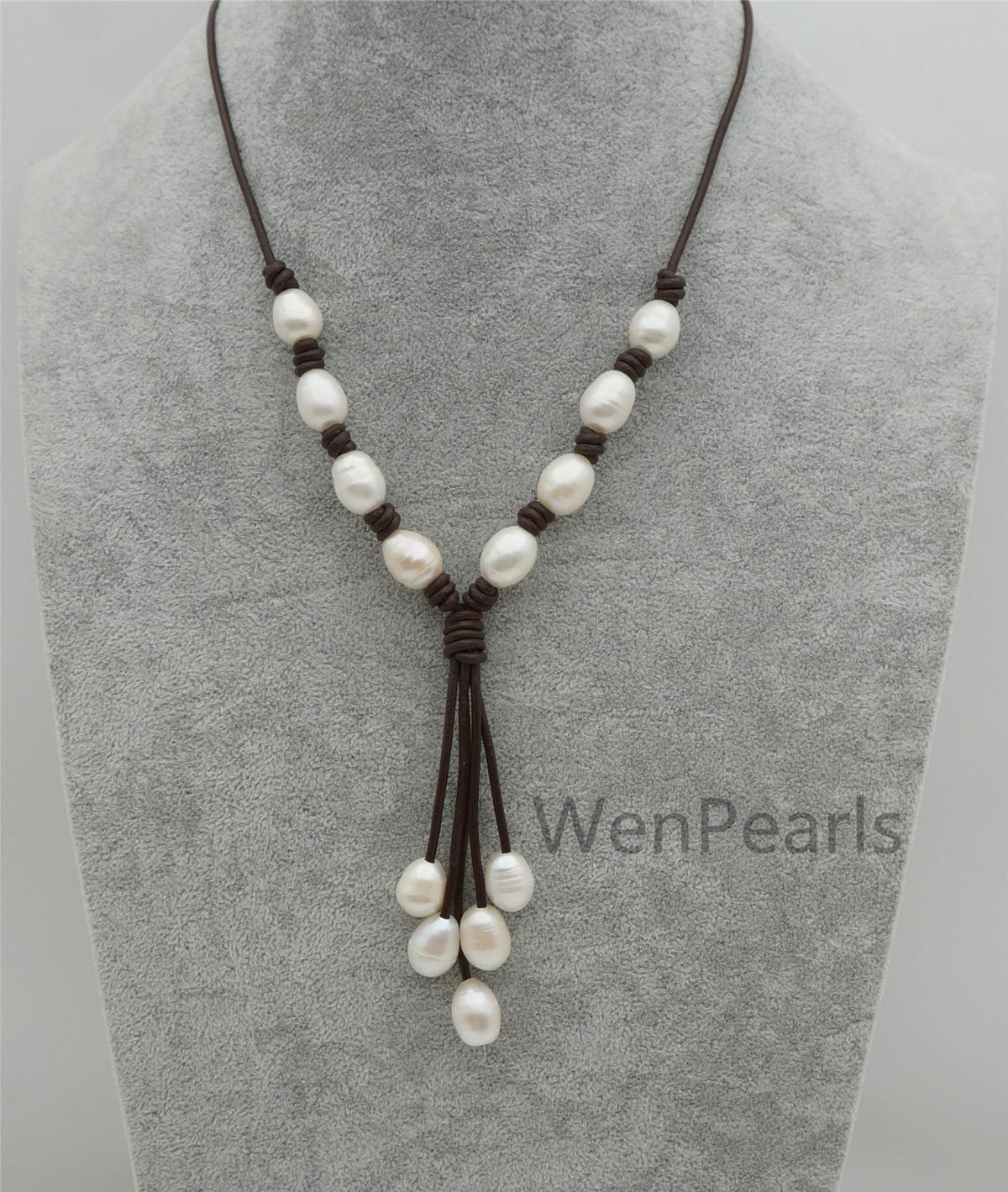 White big Rice pearl leather drop necklace,Pearl and Leather Lariat Necklace,Leather Pearl necklace,Le4-102
