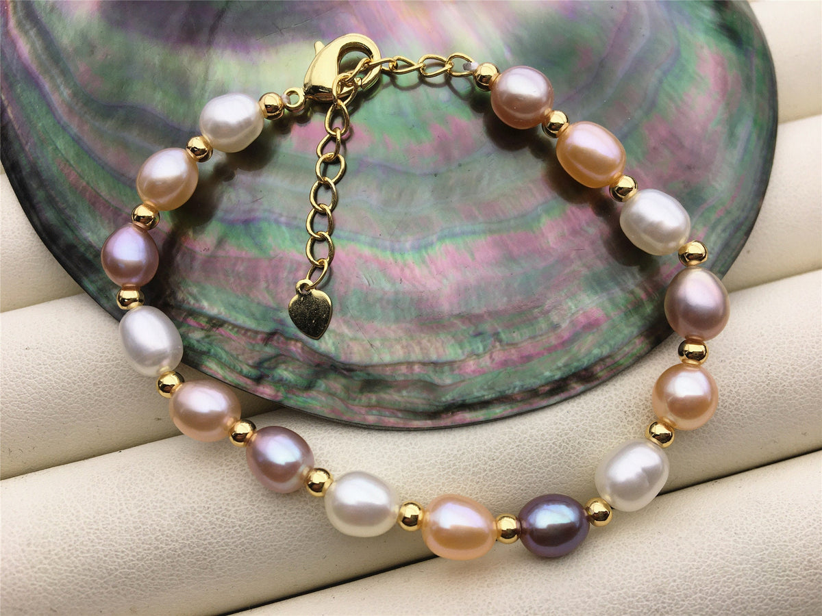 6+1.5'' AA+ misc color rice Freshwater pearl rose gold chain Bracelet,B8-025