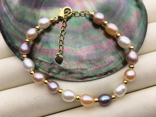 6+1.5'' AA+ misc color rice Freshwater pearl rose gold chain Bracelet,B8-025