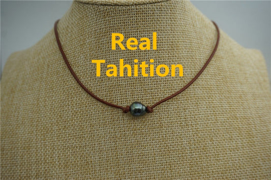 10-12mm Tahitian hand rolled and knotted leather necklace, men or women choker, Black Leather Pearl necklace, BROWN, LIGHT BROWN, Le11-009