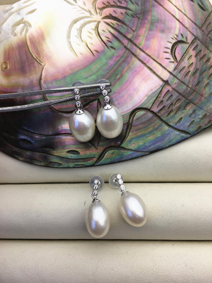 AAA 9mm White rice pearl cz stud earrings,zircon S925 Sterling Silver pearl earrings,pearl for women for girl,SE3-065