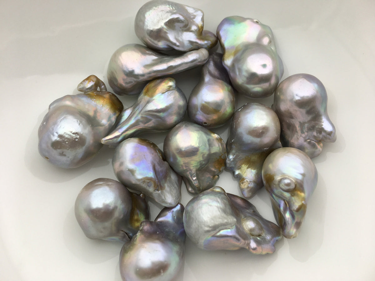 Gray Flameball pearl and leather necklace, Baroque Freshwater Pearl Drop Necklace, Flaming ball pearl necklace, wholesale, Le4-057