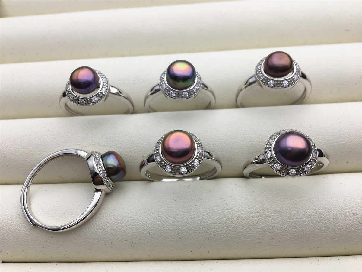 Black Rainbow Freshwater pearl ring, S925 sterling silver ring, cz diamond wedding rings, bridal ring, anniversary rings, R1-035