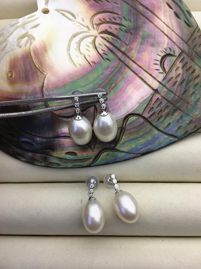 AAA 9mm White rice pearl cz stud earrings,zircon S925 Sterling Silver pearl earrings,pearl for women for girl,SE3-065