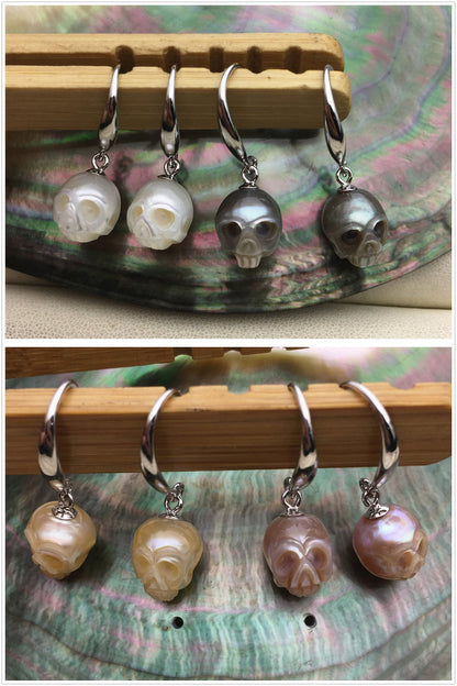 AAA 8mm white/pink/purple/gray/black HandMade Carved Skull Freshwater Pearl Dangle Earrings, Pearl Earrings for Women Girls, SE3-027-3