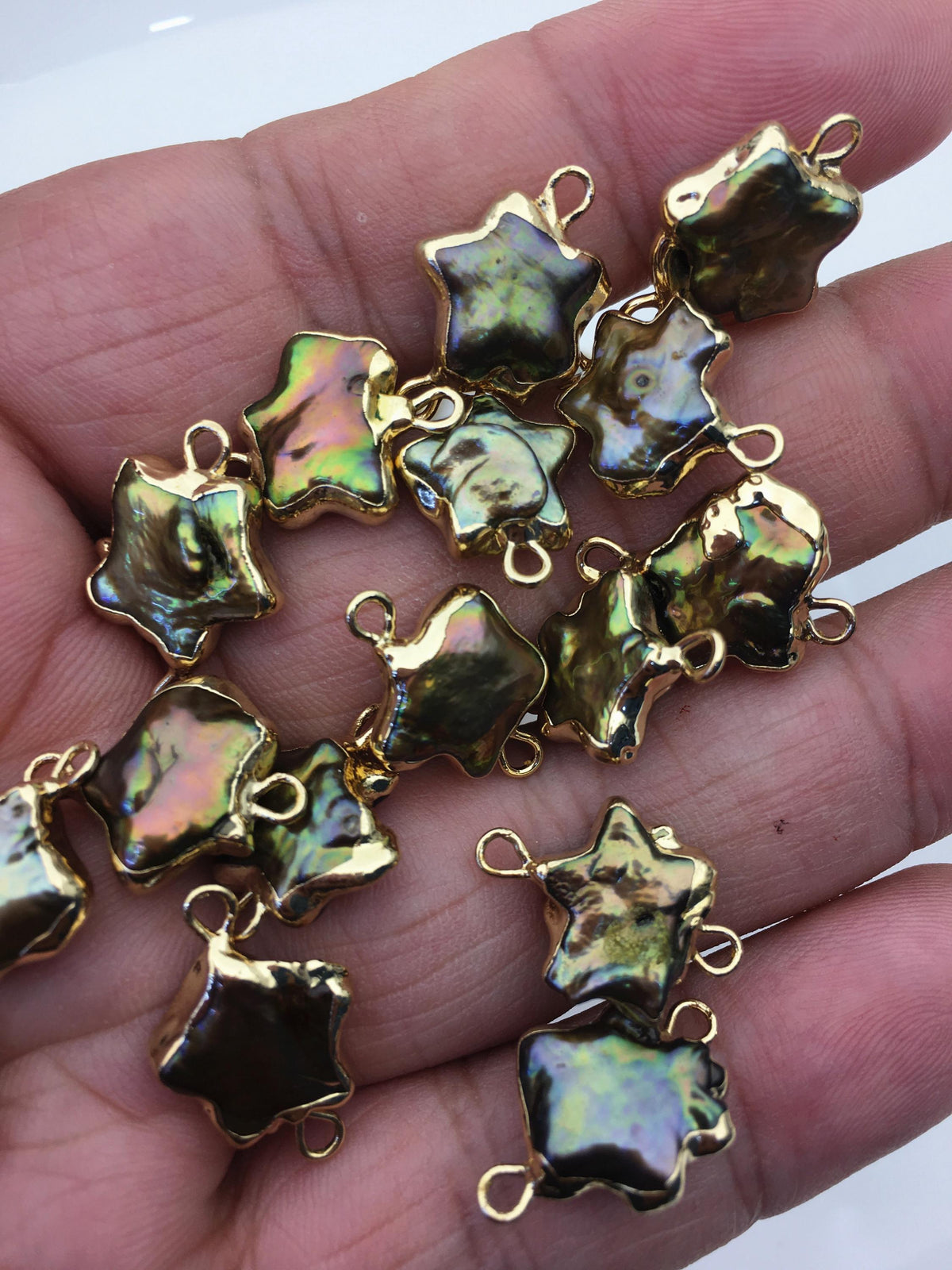 10pcs AA 11-13mm green rainbow five point Pearl Double Bail Connector Charm with Gold Electroplated Edge for make Earrings bracelet, EDG-010