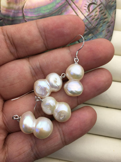 1 pair AA+ 11-13mm White gourd baroque pearl dangle earrings, S925 Sterling Silver dangle earrings, wedding pearl earrings, SE3-T10