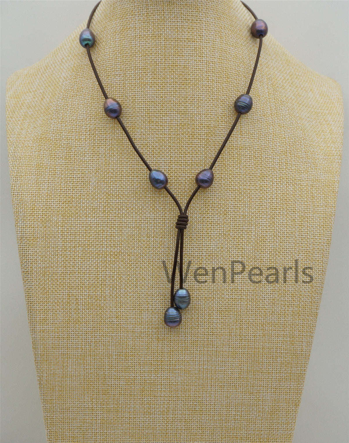 Deep Blue Rice Pearl Leather necklace, Freshwater pearl, Black Leather Pearl necklace, Select leather color, Le4-080
