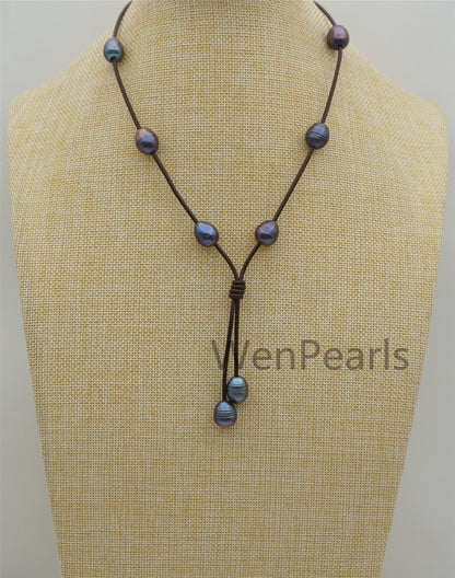 Deep Blue Rice Pearl Leather necklace, Freshwater pearl, Black Leather Pearl necklace, Select leather color, Le4-080