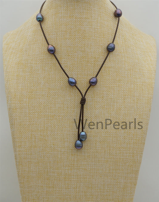 Deep Blue Rice Pearl Leather necklace, Freshwater pearl, Black Leather Pearl necklace, Select leather color, Le4-080