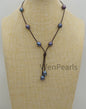 Deep Blue Rice Pearl Leather necklace, Freshwater pearl, Black Leather Pearl necklace, Select leather color, Le4-080