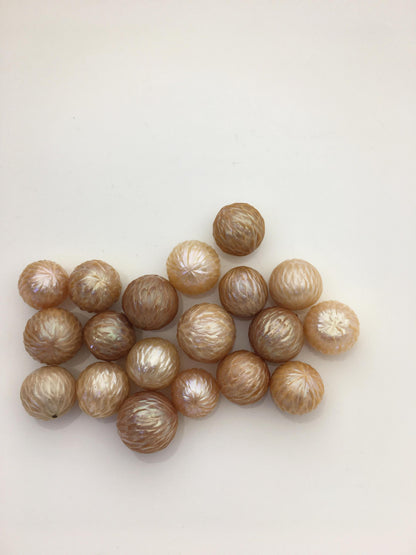 19pcs AAA 11-14mm orange round Carved Freshwater Pearl - no hole - Hand Carved - CAC-T2