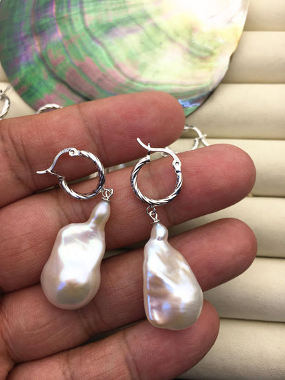 1 pair AAA 13-17mm white flame ball pearl hook earrings, sterling silver, earring with white baroque Natural Pearl, SE3-031-20