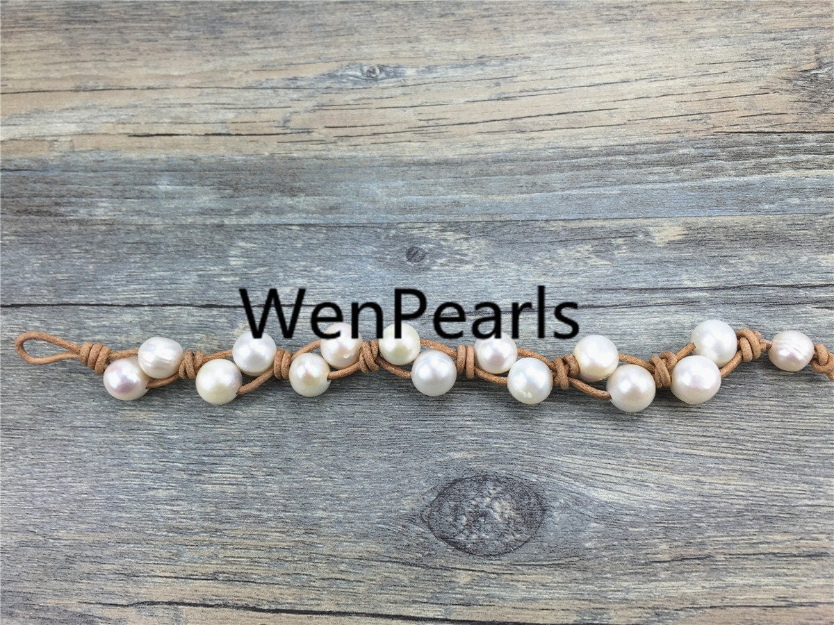 9mm two rows pearl bracelet, Leather Pearls Bracelet, Handmade Cuff, White Pearls on Brown Leather, Black leather bracelet, Le7-050