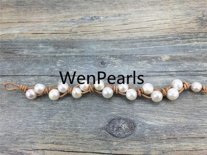9mm two rows pearl bracelet, Leather Pearls Bracelet, Handmade Cuff, White Pearls on Brown Leather, Black leather bracelet, Le7-050